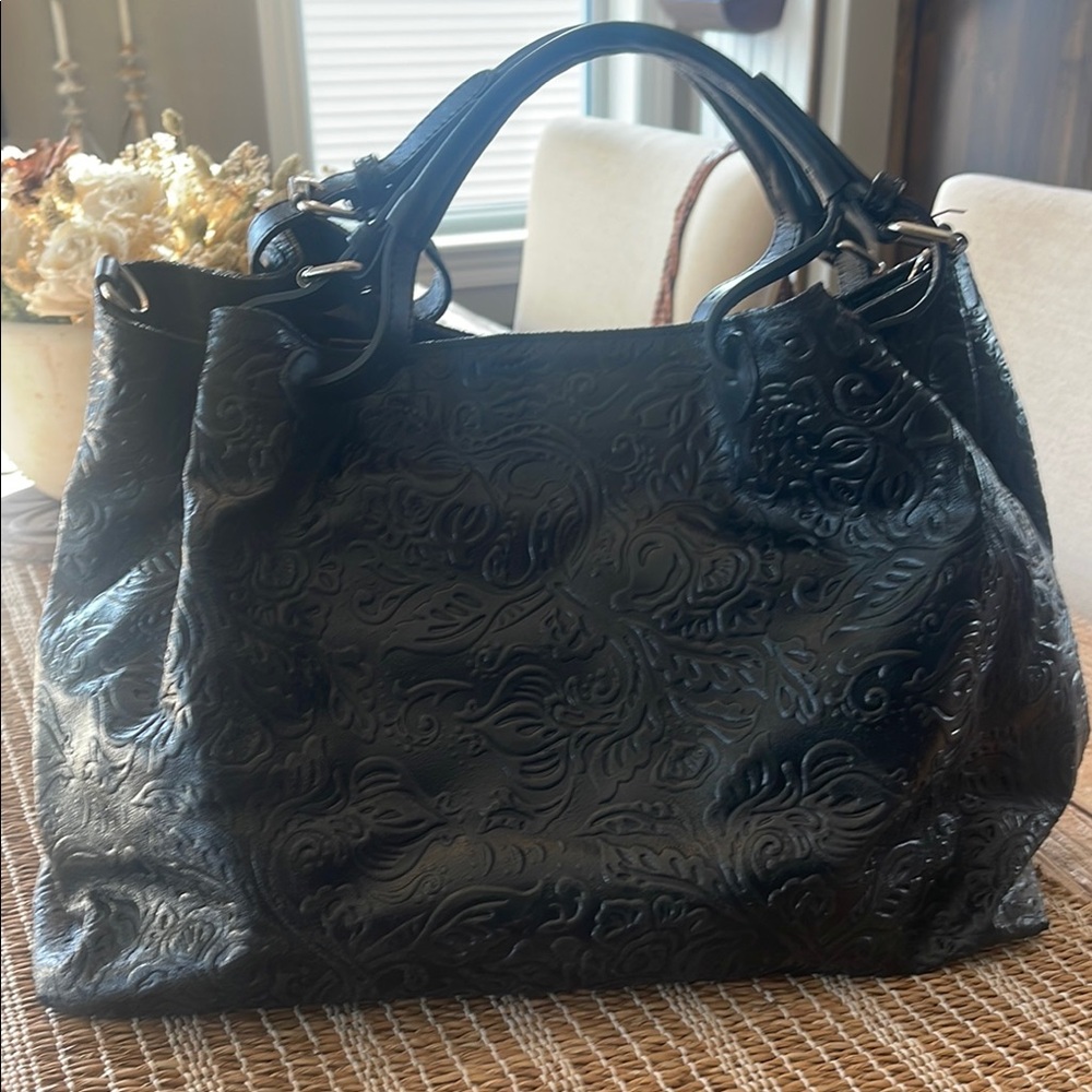 Black Leather Everyday Handbag with long removable strap